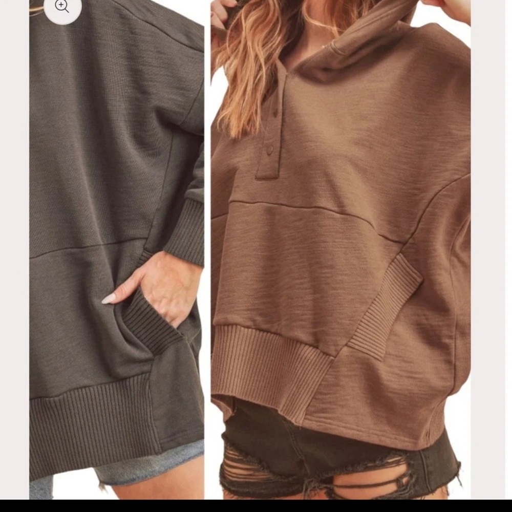 AEMI+CO dark grey long sleeve Henley Oversized hoodie